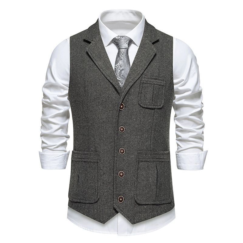 Men's Cos Herringbone Tweed Suit Vest Lapel Single-breasted Vest, British Retro Men's Clothing_viptrois.com