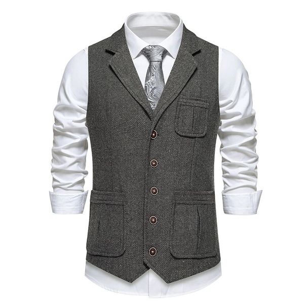 Men's Cos Herringbone Tweed Suit Vest Lapel Single-breasted Vest, British Retro Men's Clothing_viptrois.com