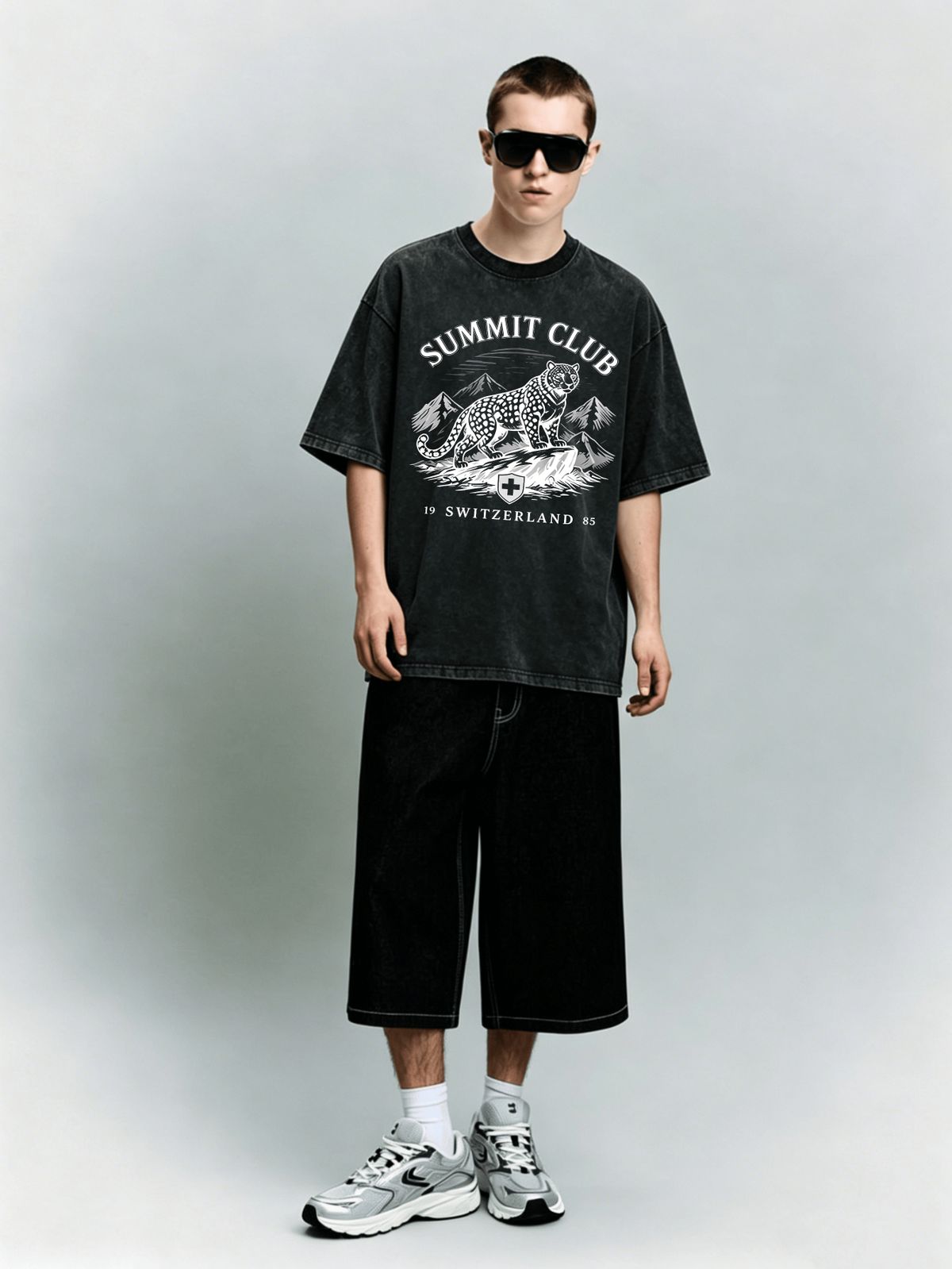 Summer Washed Cotton T-Shirt, Men's Summit Club Switzerland Print, Luxury Casual Style, Oversized Tee_viptrois.com