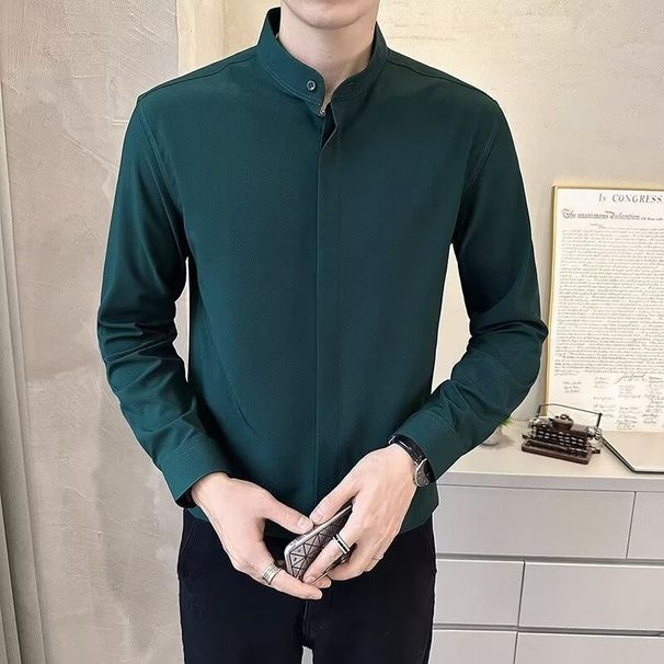 Chinese Style Stand Up Collar Shirt For Men, Long Sleeved Casual And Stylish Slim Fit Shirt For Men_viptrois.com