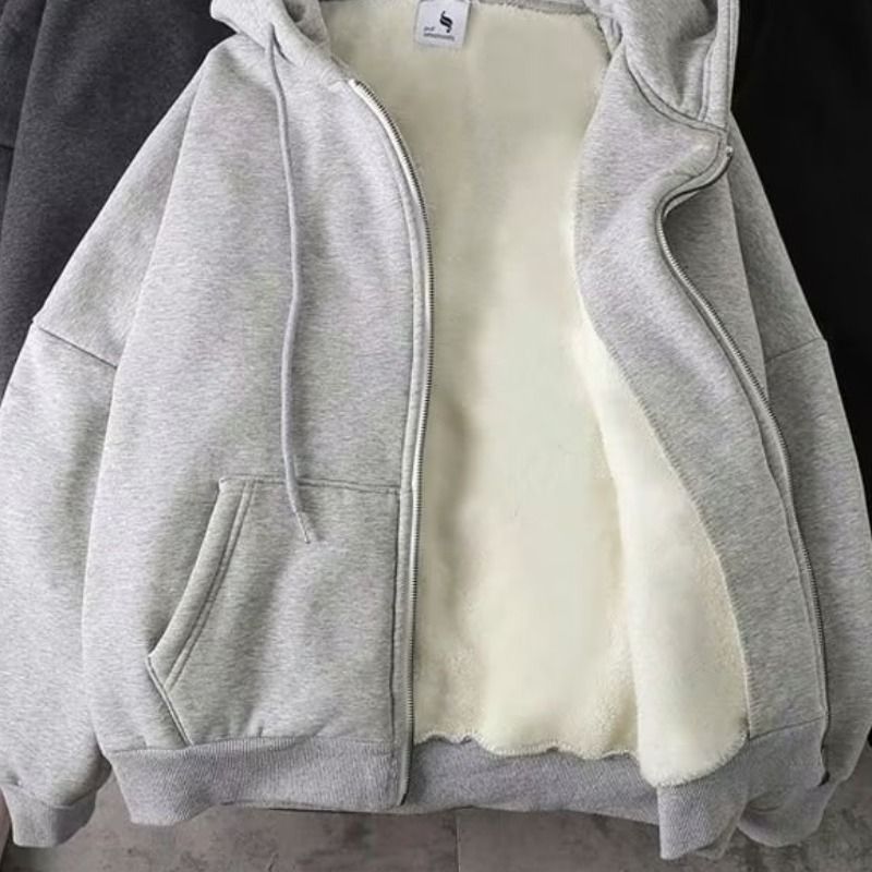 Jackets For Men And Women Plus Velvet Large Size Students All Match Loose Couple Hooded Zipper Sweater_viptrois.com