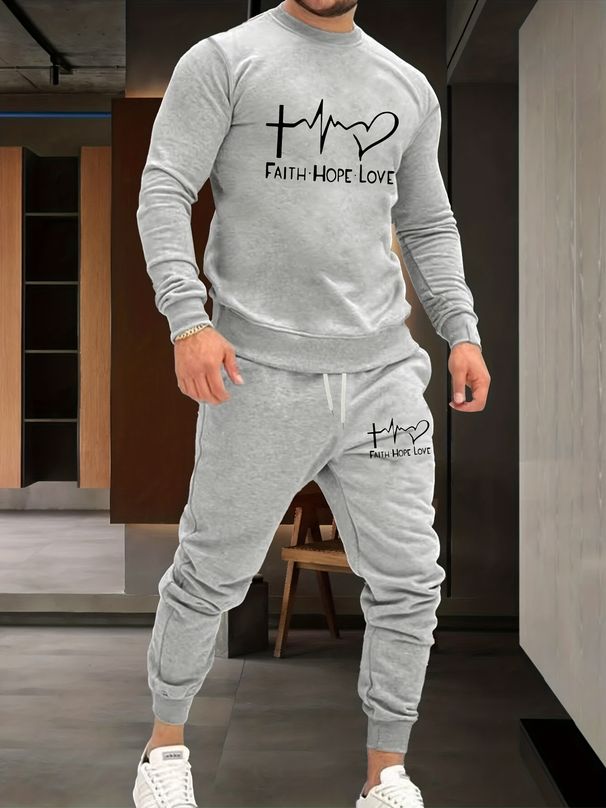Men's Autumn And Winter Casual Warm FAITH HOPE LOVELetter Print Loose Thick Velvet Round Neck Sports Shirt+sports Pants Set_viptrois.com