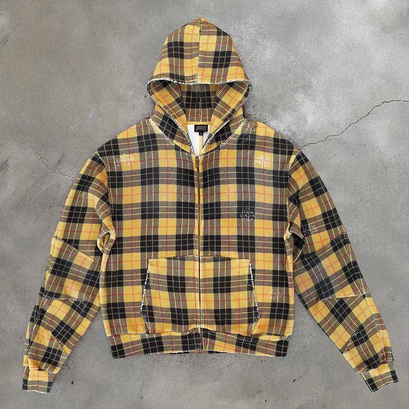 Men's Casual Plaid Zip up Hooded Sweatshirt Fashion Trendy 2541 Retro Style European And American Style Cross Border Wholesale_viptrois.com
