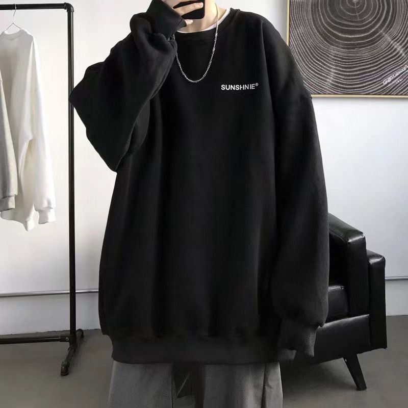 Autumn Winter Fleece Sweatshirt For Men, Plus Size Loose Fit Round Neck Base Shirt, Men's Fashion, European And American_viptrois.com
