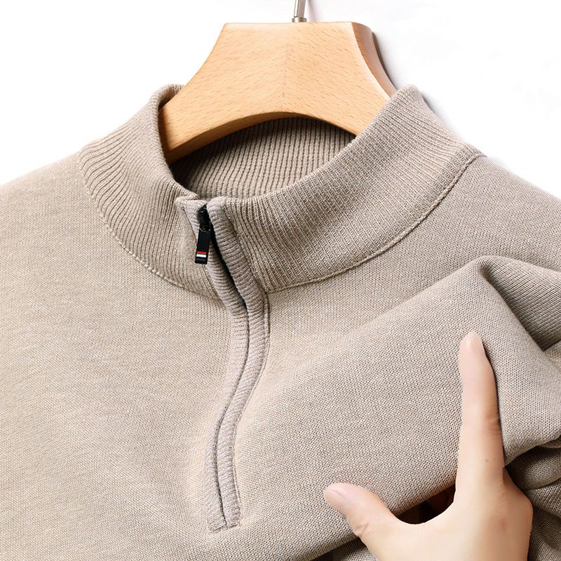 Men's Clothing New Autumn and Winter Men's Velvet Half Zip Pullover Sweater Trendy Simple Handsome Half High Collar Long Sleeved Sweater_viptrois.com