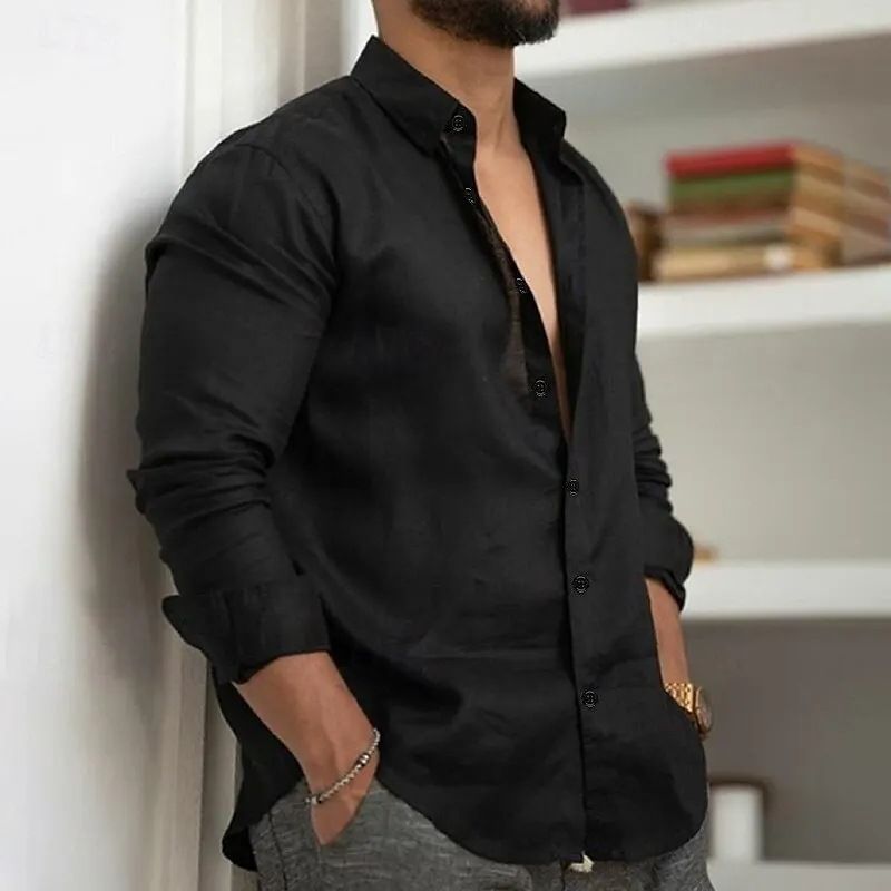Men's Pure Color Linen-Look Shirt Long Sleeve Relaxed Fit Breathable Daily Shirt Soft Textured Fabric For Street Style & Outdoor Wear, Sizes Xs To 6xl_viptrois.com