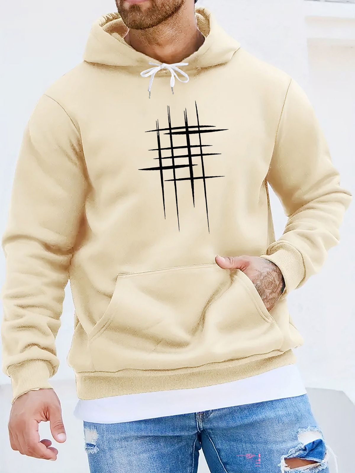 Men's Autumn And Winter Casual Fashionable Loose Hooded Sweatshirt With Simple Pattern Printed Warm Long Sleeved Pullover_viptrois.com