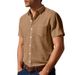 Men's Clothing Solid Color Linen Lapel Short Sleeved Shirt Loose Casual Pocket Shirt_viptrois.com