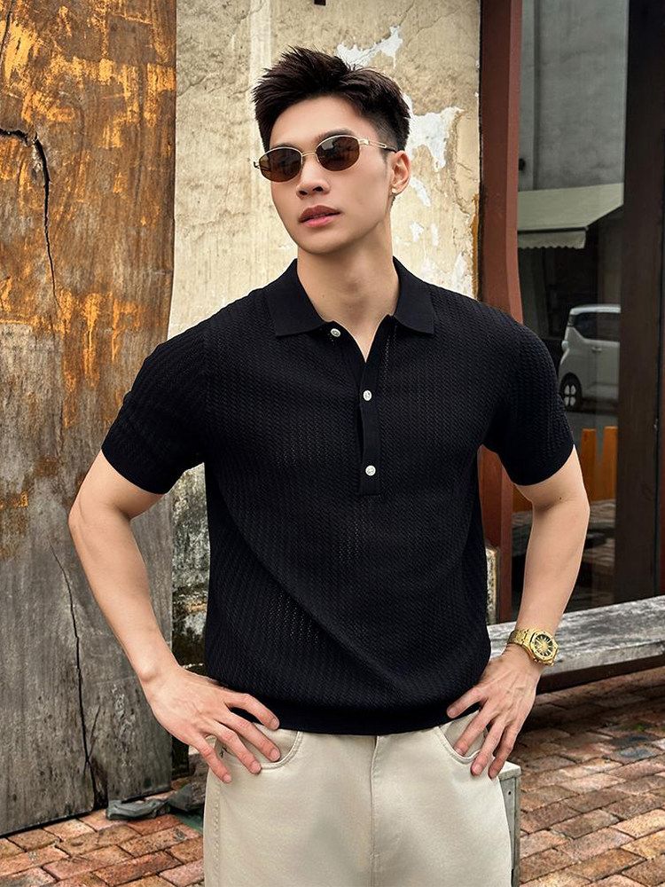 Men's Wheat Ear Pattern Knitted Polo Shirt Breathable Cool Business Casual Short Sleeve T-Shirt Straight Shoulder Summer Old Fashion_viptrois.com