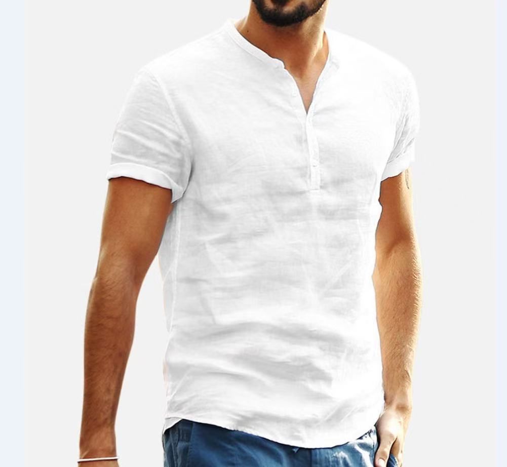 Men's Stand Collar Short-sleeved V-neck Cotton And Linen Shirt_viptrois.com