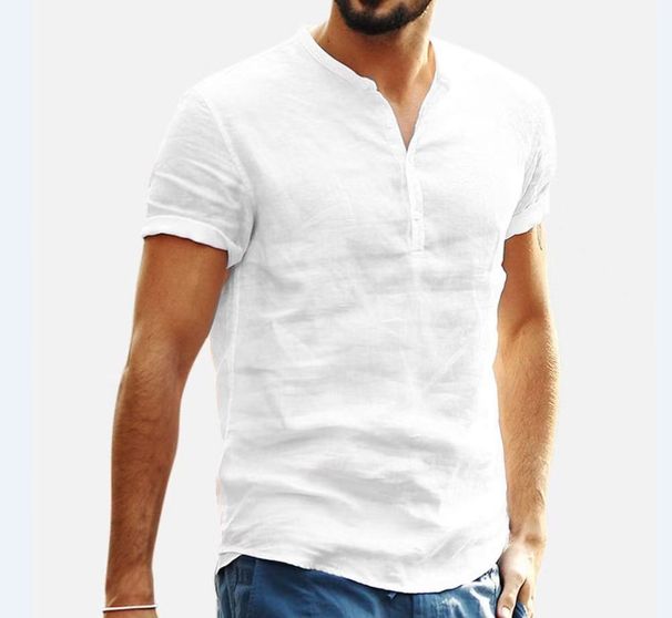 Men's Stand Collar Short-sleeved V-neck Cotton And Linen Shirt_viptrois.com
