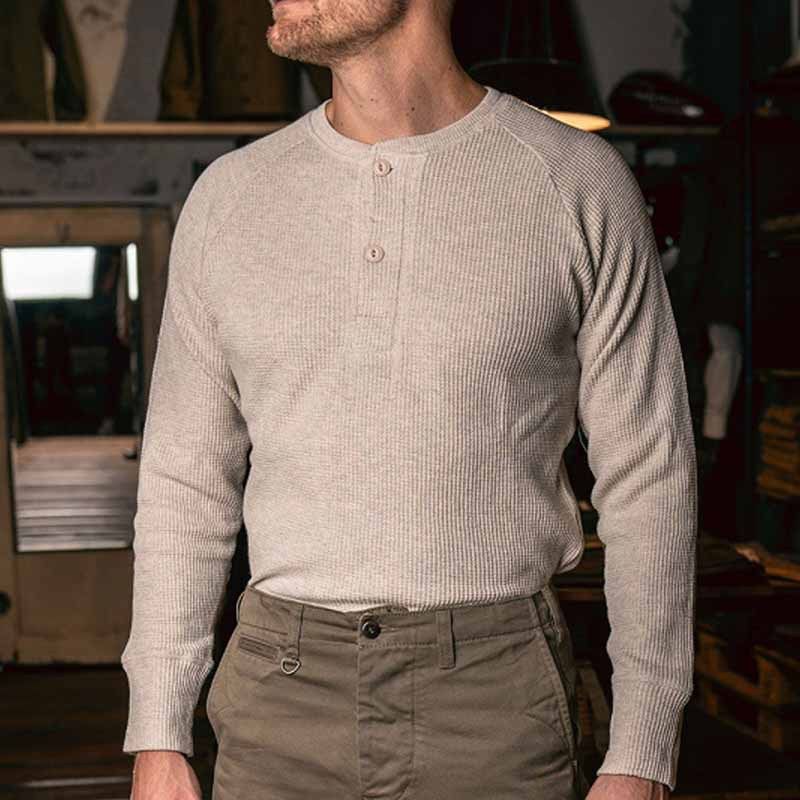 Men's Vintage Henley Shirt – Long Sleeve Knit Pullover With Stretch (Breathable Cotton Blend, Relaxed Fit, Crew Neck, S-XXXL, Beige)_viptrois.com