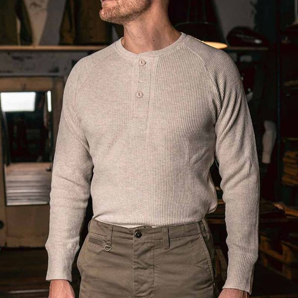 Men's Vintage Henley Shirt – Long Sleeve Knit Pullover With Stretch (Breathable Cotton Blend, Relaxed Fit, Crew Neck, S-XXXL, Beige)_viptrois.com