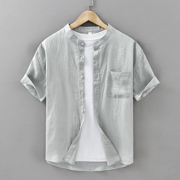 Pure Linen Shirt Men's Short Sleeved Summer Linen Clothes Retro Casual Stand Up Collar Top Summer Style_viptrois.com