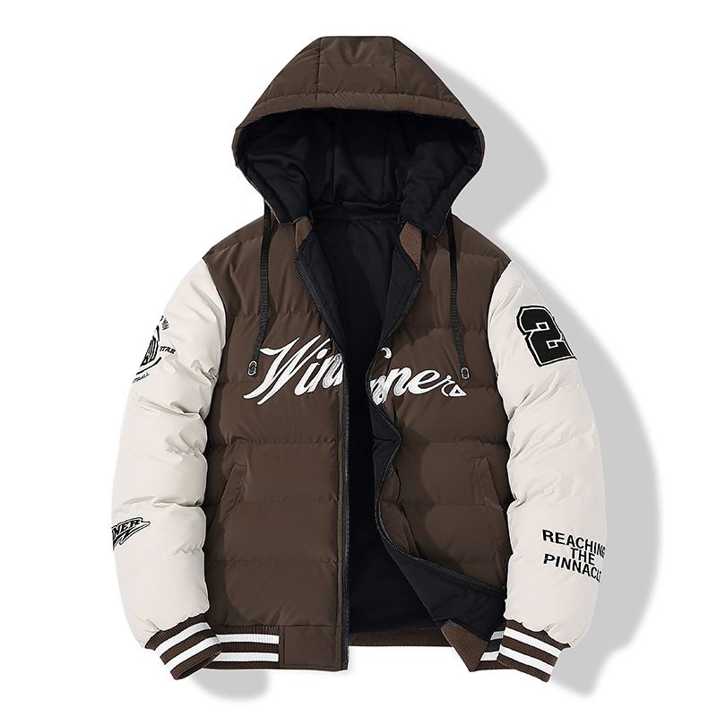 Reversible Hooded Winter Coat For Men - Thickened Fleece Lined Jacket, Streetwear Fashion, Retro Style, Letter Print, Oversized Fit (L-4XL)_viptrois.com