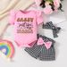 Baby Girls Cute Letter Print Short Sleeve Ladies Dress And Houndstooth Shorts And Bandana Set 3 Piece Set_viptrois.com
