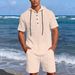 Men's Linen Casual Fashion Suit Long Sleeved Top And Five Point Shorts_viptrois.com