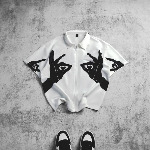 Men's 3D Printed Heart Pattern Polo Shirt Zipper Digital Design Summer Loose Fit European American Style Foreign Trade Flower Hand Top_viptrois.com