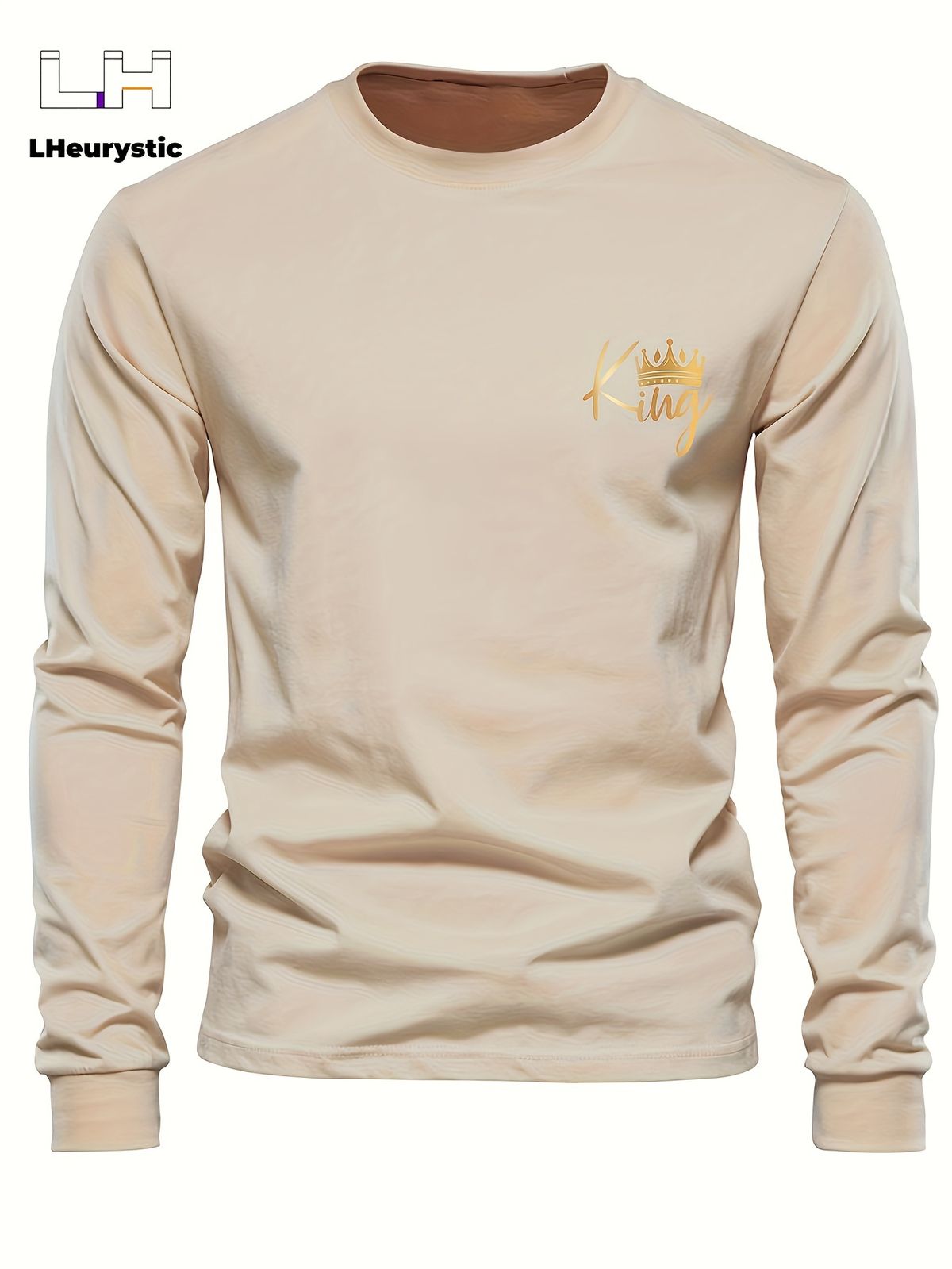 Men's Long Sleeved Round Neck Black T-shirt Top Loose 100 Cotton King Print_viptrois.com