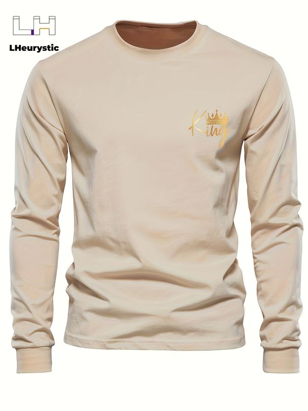 Men's Long Sleeved Round Neck Black T-shirt Top Loose 100 Cotton King Print_viptrois.com