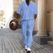 Men's Clothing Men's Casual Short Sleeved Trousers Sweetheart Collar Solid Color Versatile Jacquard Summer Suit_viptrois.com