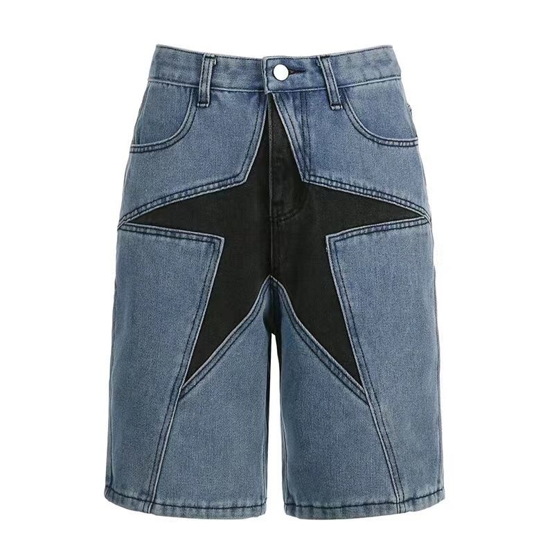 Men's Clothing Denim Shorts Street Fashion Loose Contrast Color Five Pointed Star Patch New Style Shorts_viptrois.com