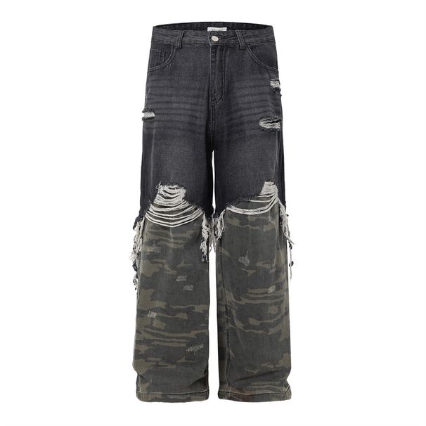 Two-Piece Jeans With Unique Niche Design, Patchwork Camouflage, Frayed Edges, Distressed Loose Straight-Leg Pants_viptrois.com