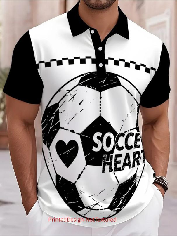 Polo Uomo Taglio Dritto Nero Bianco Tessuto Morbido Patchwork Contrasto Stampa Calcio Retrò Distressed Partite Casual_viptrois.com