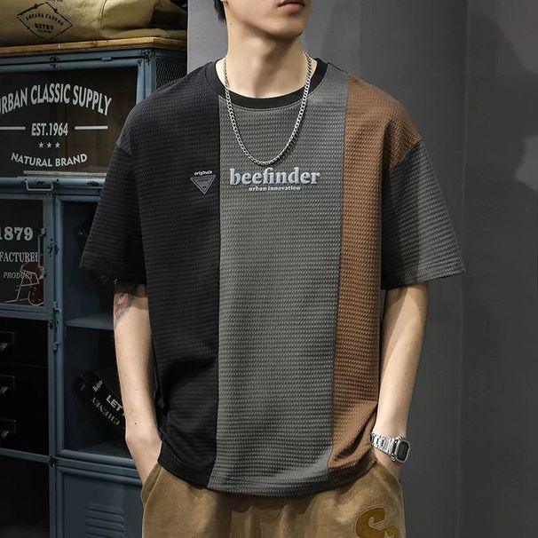 Summer New Color-blocked Short-sleeve T-shirt For Men Stylish Loose Casual Round Neck Sporty Breathable Half-sleeve Shirt_viptrois.com