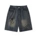Man's clothing Personality fashion spider print denim shorts men's loose casual wash wash white five quarter pants vintage_viptrois.com