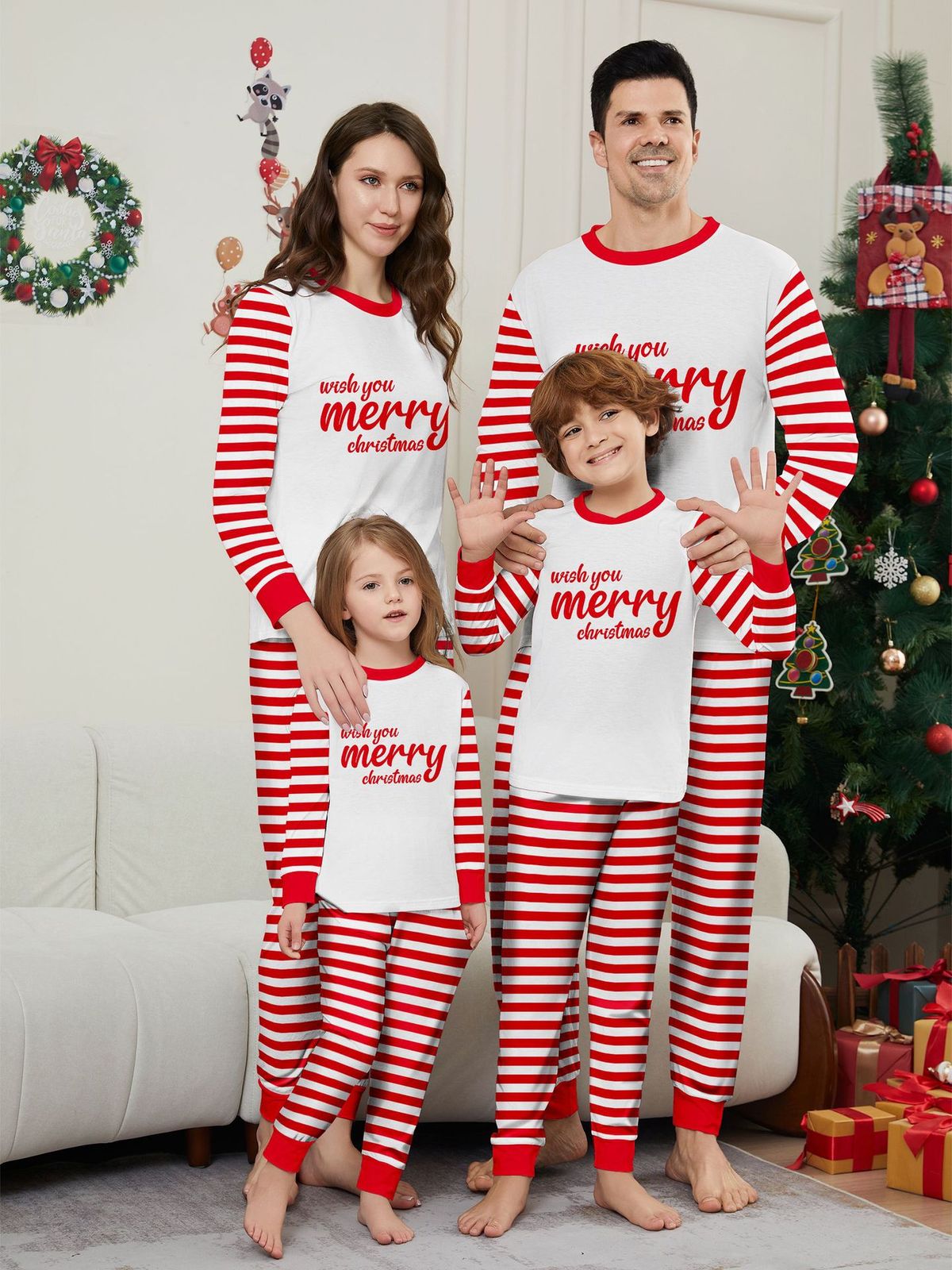 Christmas Red and white striped letter color matching Christmas family dress printed home dress pajamas_viptrois.com