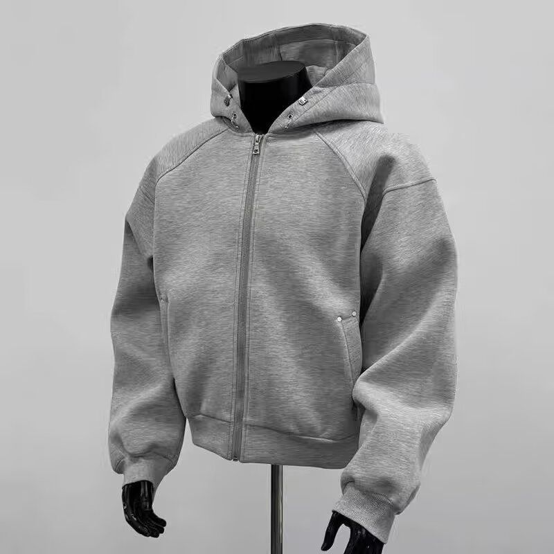 Grey Hooded Zipper Sweatshirt Men's Spring And Autumn Trendy Brand Loose Cardigan Top Jacket_viptrois.com