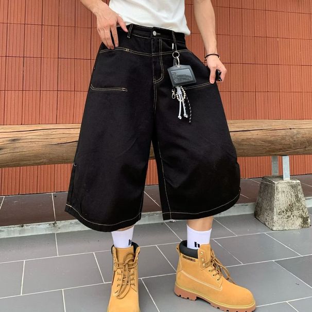 Men's Retro Washed White Wide Leg Denim Capri Shorts Summer Street Style Loose Casual Workwear_viptrois.com