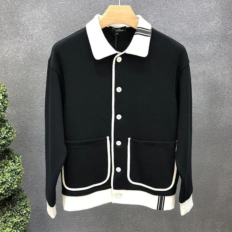 Men's Clothing Autumn Lapel Knitted Cardigan Contrast Color High End Fashion Trend Niche All Match Personality Jacket_viptrois.com