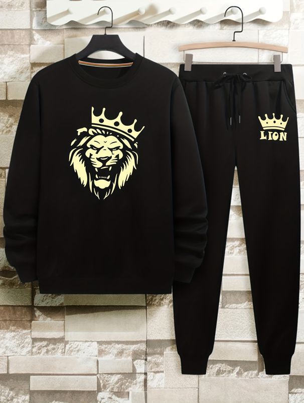 Men's Autumn And Winter Casual Warm Lion King Print Loose Thick Velvet Round Neck Sports Shirt+sports Pants Set_viptrois.com