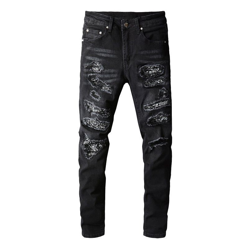Men's Clothing European And American Men's High Street Black Jeans Men's Hand Worn Multi Patch American Style Small Feet Trendy Brand 669_viptrois.com