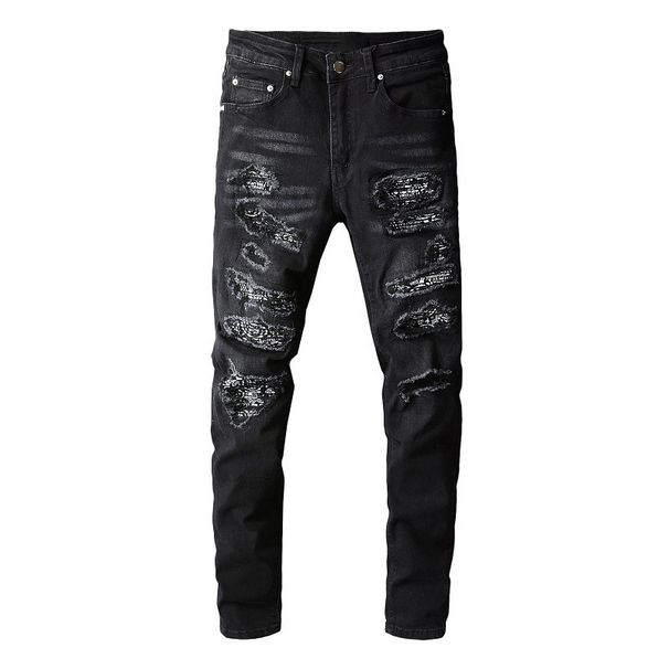 Men's Clothing European And American Men's High Street Black Jeans Men's Hand Worn Multi Patch American Style Small Feet Trendy Brand 669_viptrois.com