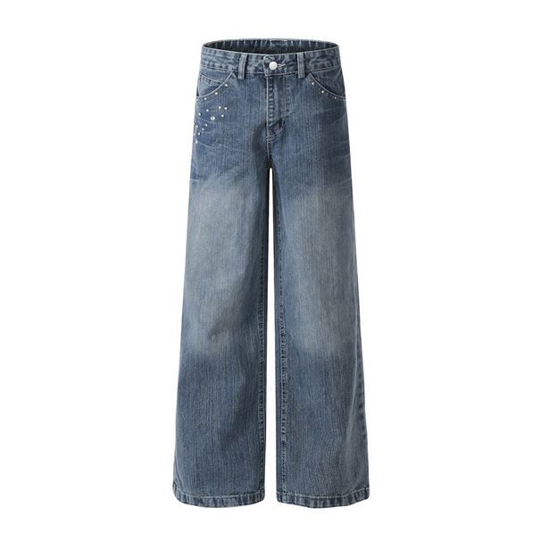 Washed Denim Long Loose Wide-Leg Hippie Rock Rivet Decorated Pocket Design Straight-Leg Pants Men's Street Fashion_viptrois.com