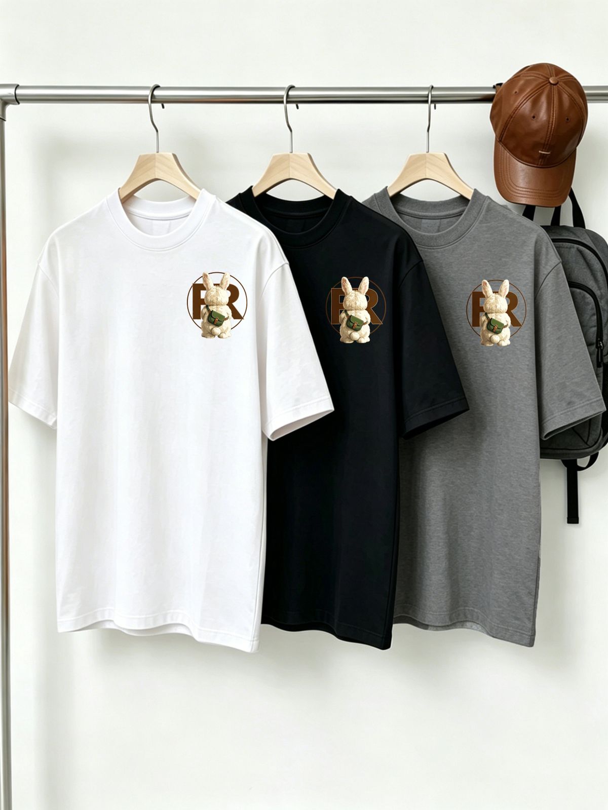 100% Cotton Men's 3-Pack T-shirts Cute Bunny With Green Bag And FR Monogram Print Crew Neck Short Sleeve Casual Tops In Black White Gray_viptrois.com