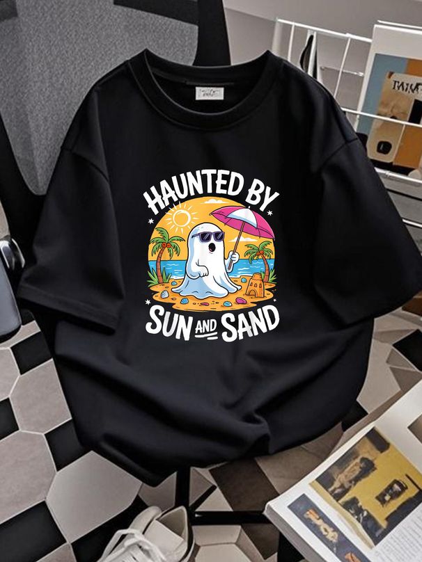 Cute Summerween Ghost Funny Beach Halloween T-Shirt Comfortable Casual Women Top Graphic Tees Female Fashion Versatile Women T-Shirt For Women Casual Top For Everyday Wear Graphic Stretched Summer Soft Designer Clothes Print Round Neck Short Sleeve_viptrois.com