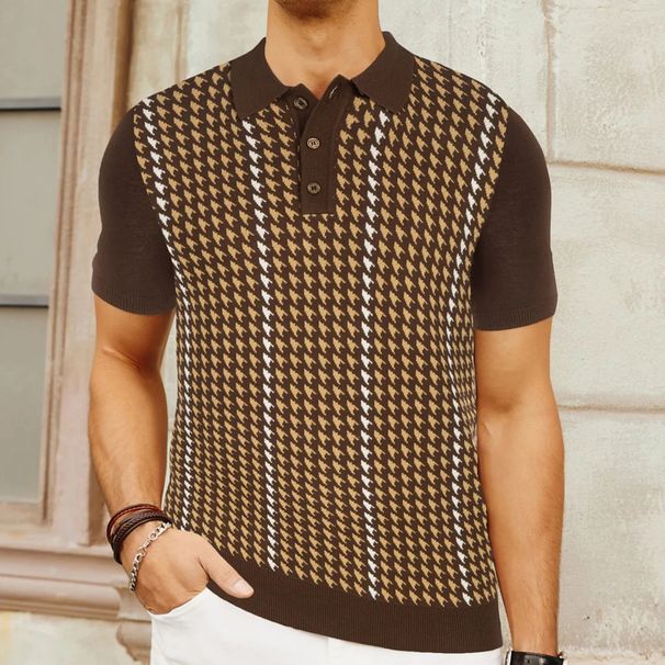 Men's Summer High end Ice Cool Silk Knitwear Thousand Bird Grid Jacquard Business Polo Shirt SY0199_viptrois.com