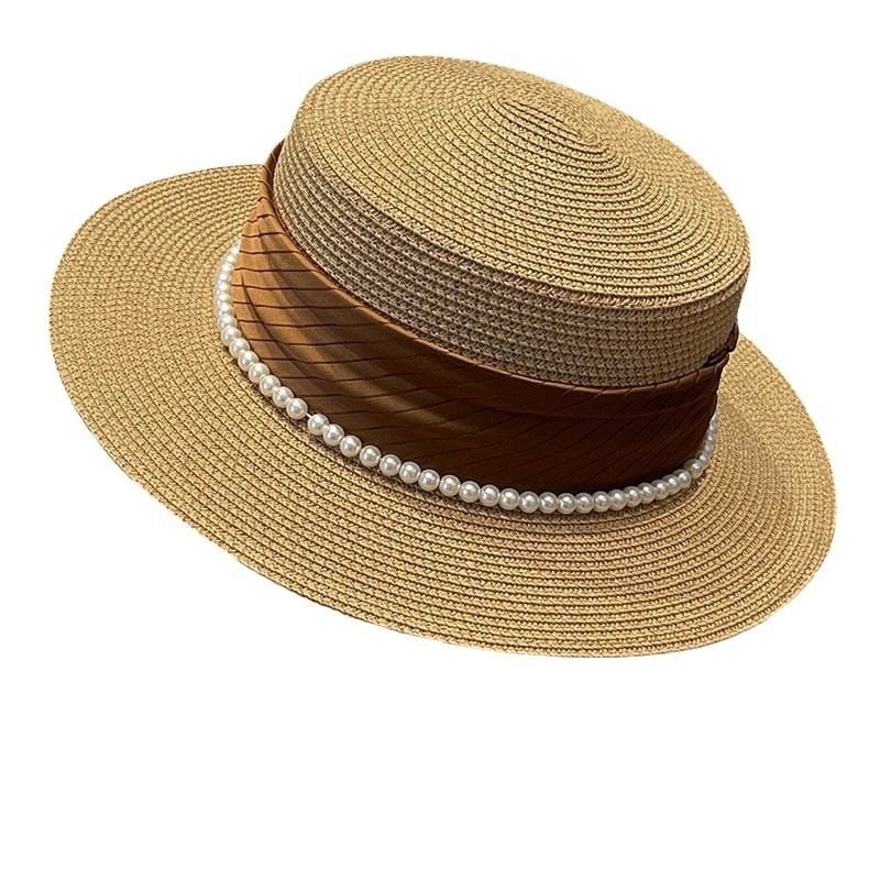 French Socialite Style Flat Top 2024 New Elegant Summer Pearl Grass Beach Sun Protection Hat For Children_viptrois.com