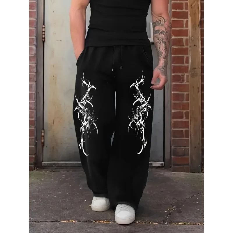 Gothic Y2k Print Jogger Pants For Men & Women - Loose Fit, Drawstring Waist, Flared Leg, Stylish Streetwear (Black/White/Gray)_viptrois.com
