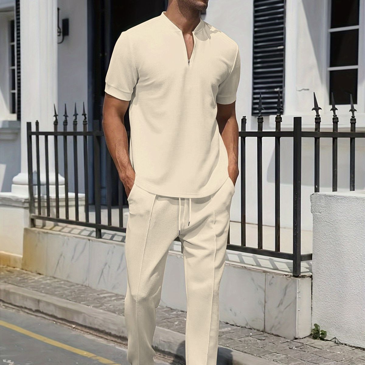 Men's Clothing New Short Sleeved Suit Men's Autumn Youth Waffle Zipper Stand Collar Polo Shirt + Trousers Men's Casual Suit_viptrois.com