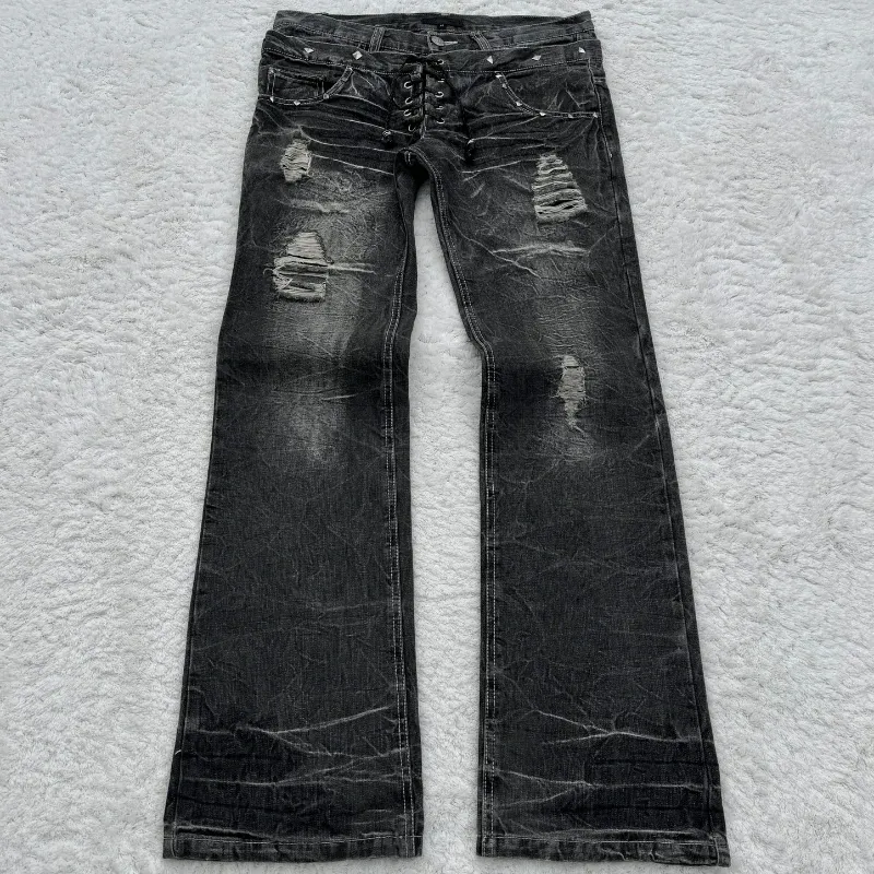 Y2K Gewaschene Jeans Gothic Retro Micro Flared Double Waisted Lace Up Hosen Männer Frauen Streetwear Hohe Qualität Design Sinn Hosen_viptrois.com