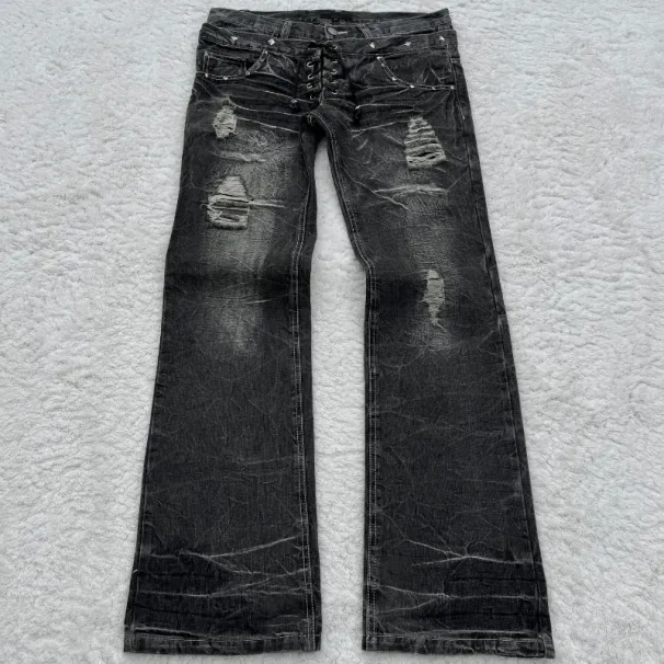 Y2K Gewaschene Jeans Gothic Retro Micro Flared Double Waisted Lace Up Hosen Männer Frauen Streetwear Hohe Qualität Design Sinn Hosen_viptrois.com