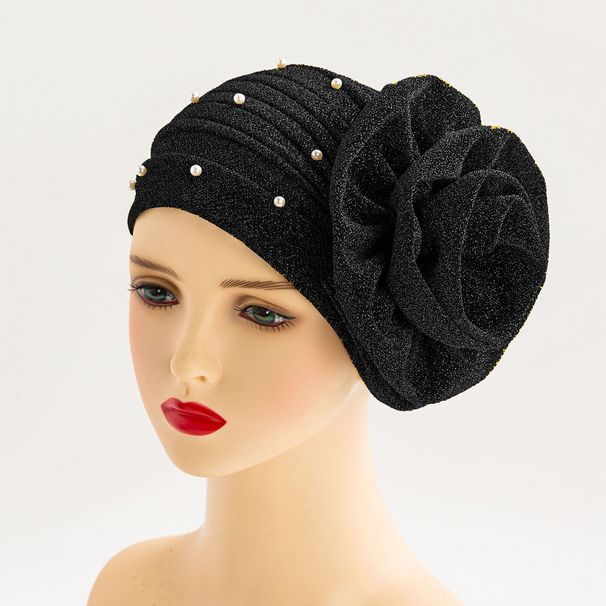 Popular bright silk large flower turban hat pearl Indian hat prom party style multi wear makeup decorative hat_viptrois.com