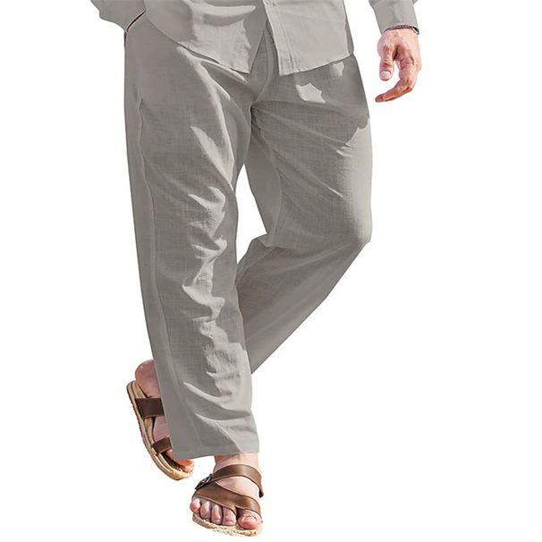 Men's Clothing Men's Linen Trousers Drawstring Elastic Waist Solid Color Comfortable Breathable Outdoor Daily Street Wear_viptrois.com