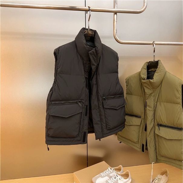 Winter Men's Large Size Stand Collar Thickened White Duck Down Jacket Warm Multi-Pocket Workwear Vest Cotton Coat_viptrois.com
