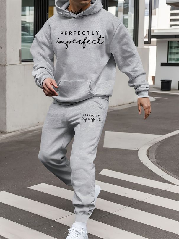 Men's Autumn And Winter Casual Fashion PERFECTLY Letter Printed Loose Suede Thick Hooded Sweatshirt+sports Pants Set_viptrois.com